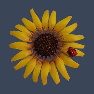 Vtg HEDY Canary Yellow Sunflower Ladybug Painted Metal Brooch